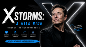 Minimalist banner featuring Elon Musk with a glowing X logo in the background, representing the transformation of Twitter into X and the controversies surrounding the platform.