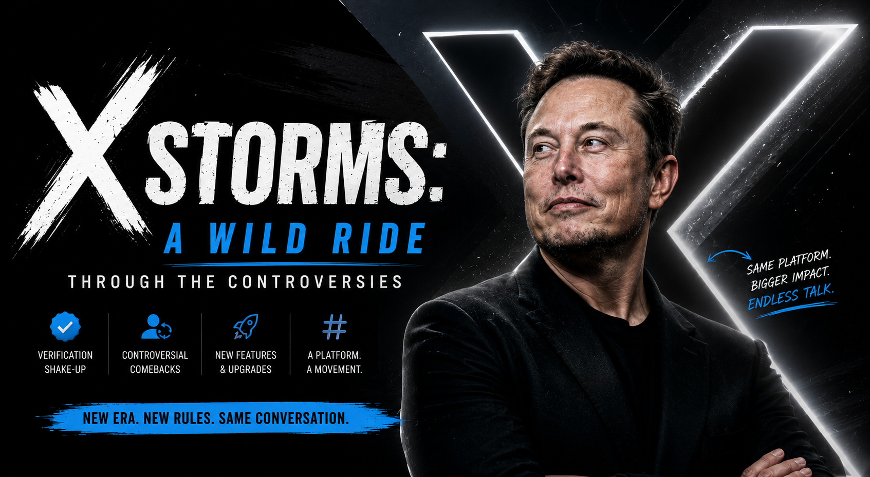Minimalist banner featuring Elon Musk with a glowing X logo in the background, representing the transformation of Twitter into X and the controversies surrounding the platform.